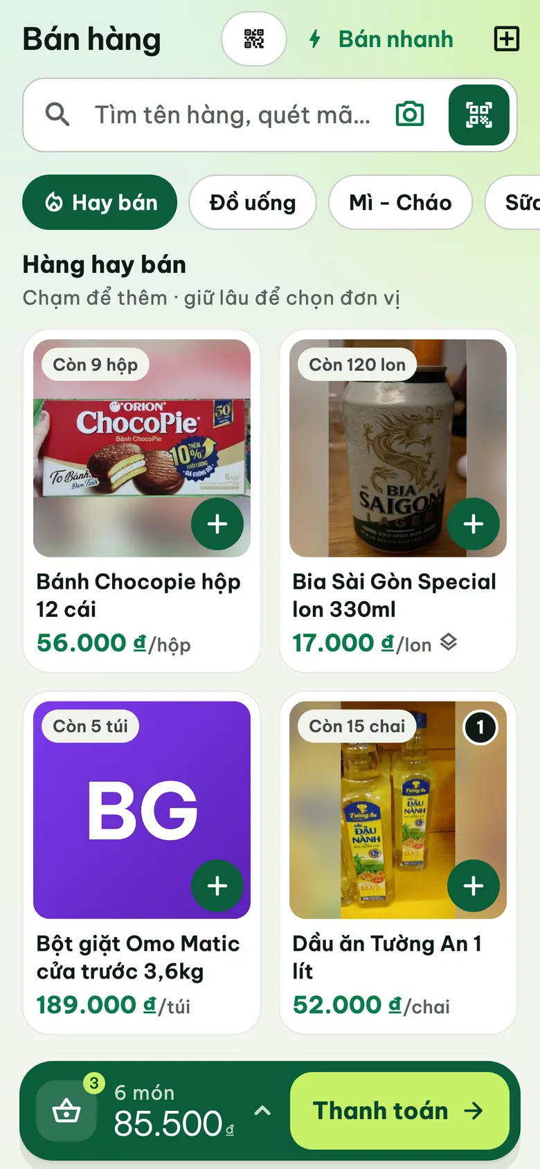 Màn Bán hàng của Kivo với giỏ 6 món, tổng 85.500 đ