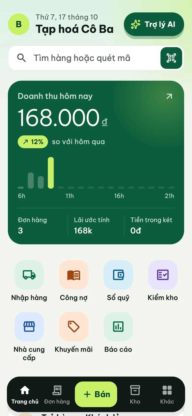 Kivo trên điện thoại: Trang chủ với doanh thu hôm nay 168.000 đ