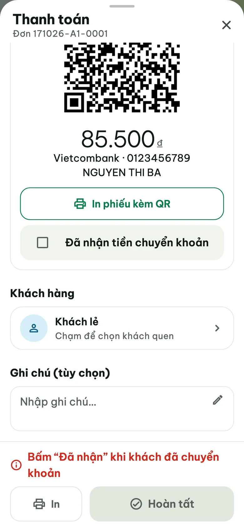Màn Thanh toán hiện mã VietQR 85.500 đ